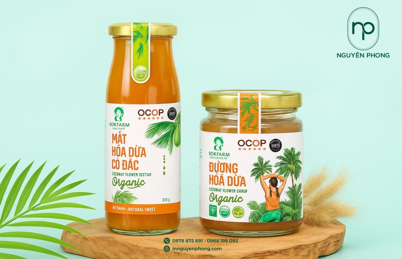 Mẫu tem nhãn dán lọ mật hoa dừa